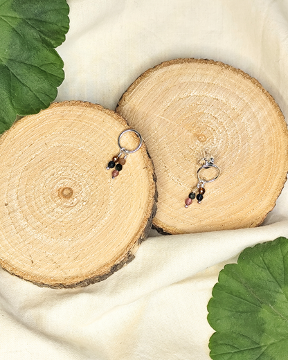 Pendientes aro mini con turmalinas/ cuarzo rosa. Joya artesanal en plata