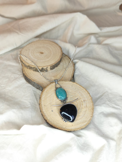 Collar desmontable turmalina negra y amazonita. Joya artesanal en plata