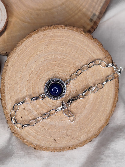 Pulsera lapislázuli / cuarzo rosa / piedra luna arcoíris. Joya artesanal en plata