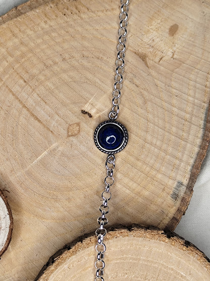 Pulsera lapislázuli / cuarzo rosa / piedra luna arcoíris. Joya artesanal en plata