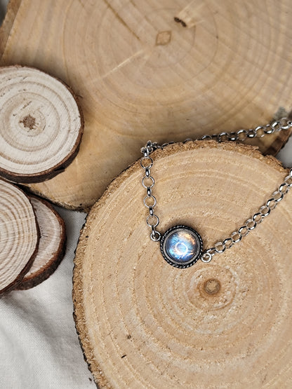 Pulsera lapislázuli / cuarzo rosa / piedra luna arcoíris. Joya artesanal en plata