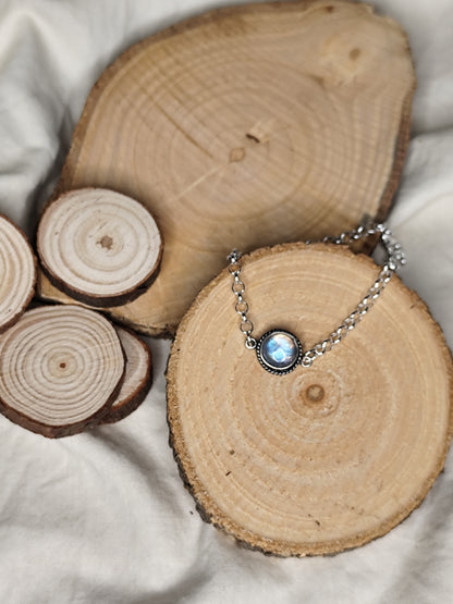 Pulsera lapislázuli / cuarzo rosa / piedra luna arcoíris. Joya artesanal en plata
